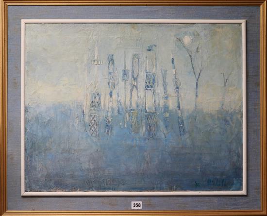 Keith Mitchell, oil on canvas, Blue Totems, signed and dated 65 50 x 65cm